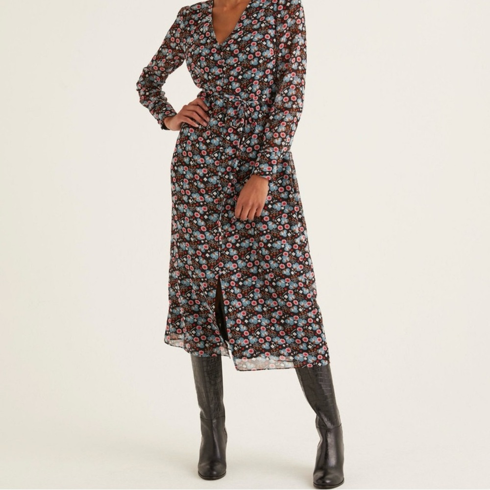 Boden Hazel Midi Dress Black Floral Button Front with Bishop Sleeves Size 2P